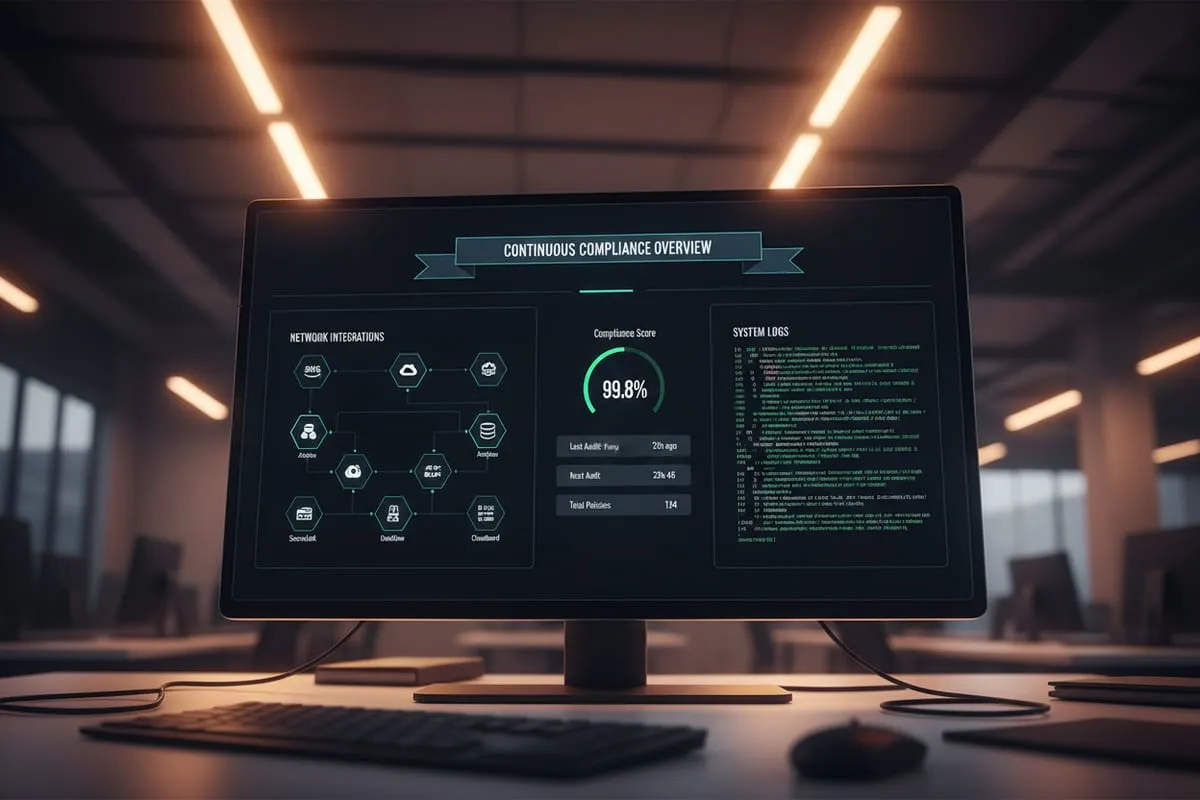 A dark monitor in a dim office showing a compliance dashboard