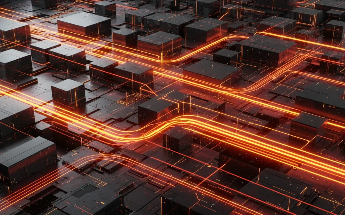 Glowing data pathways routing across a dense circuit landscape