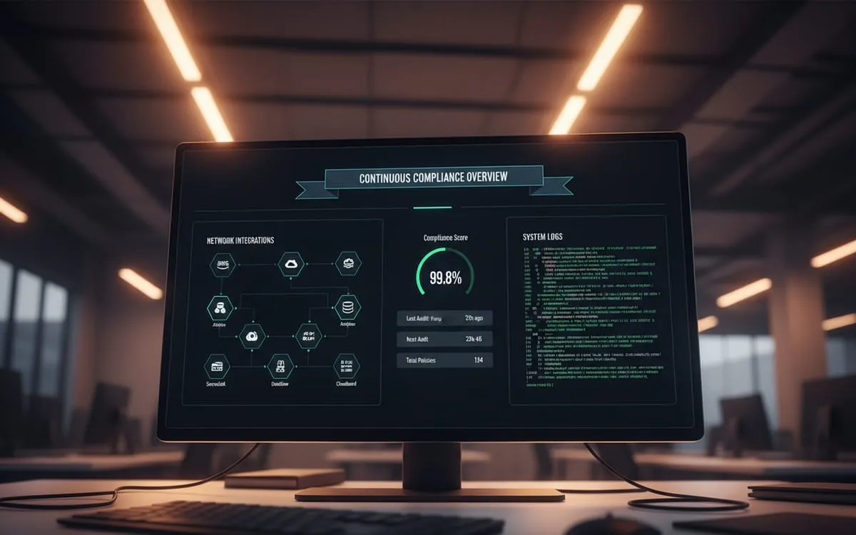 A compliance monitoring dashboard on a desk display in a darkened office