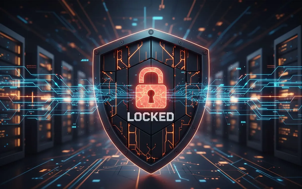 A locked shield rendered over a data centre, representing protected clinical records