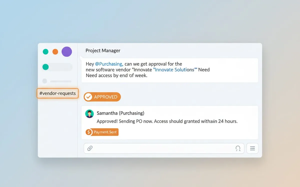 A vendor review request and its approvals threaded in a team chat window