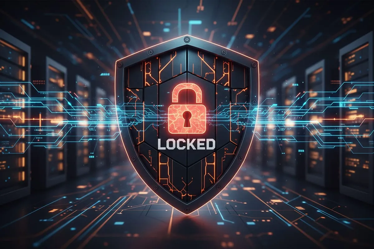 A glowing padlock inside a shield, rendered over a dark server corridor