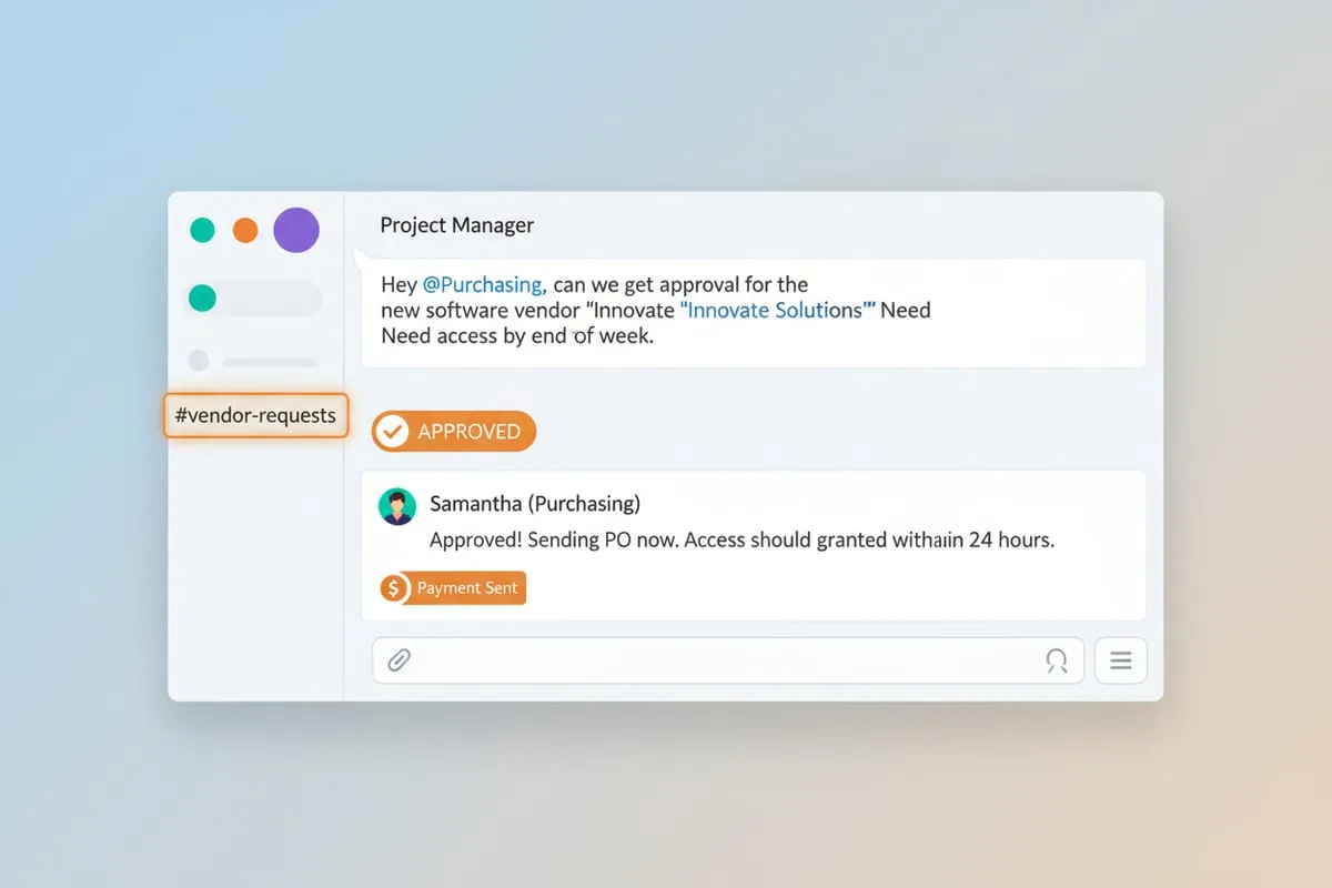 A light desktop interface showing an approval thread with a pending vendor request