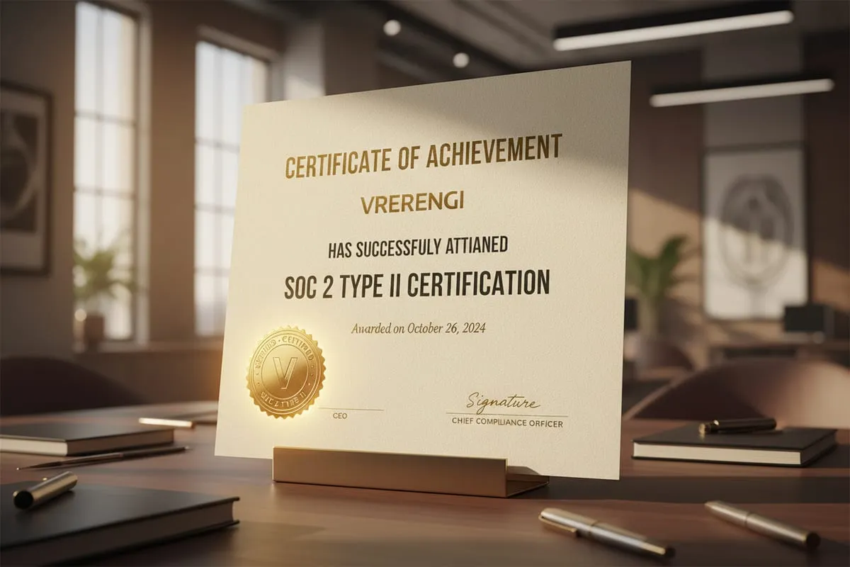 A framed certificate of achievement standing on a desk in a warm-lit office