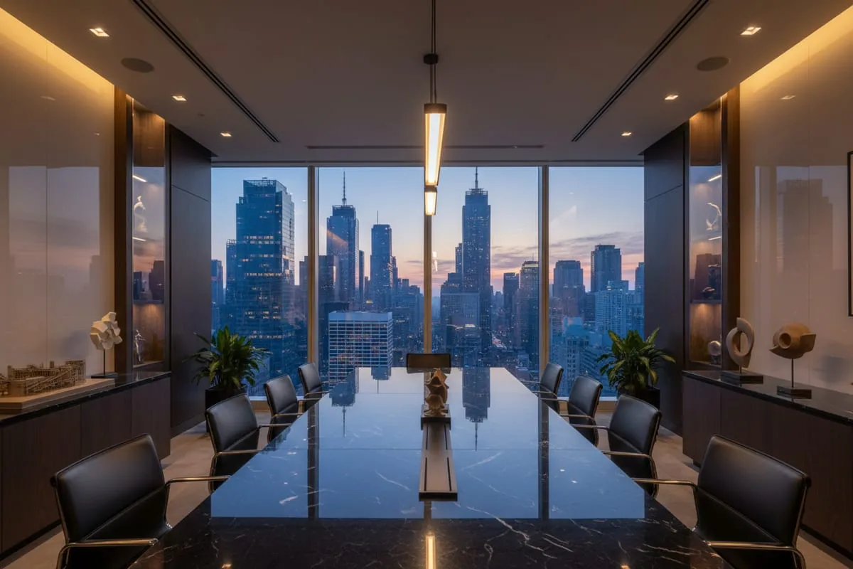 A corner meeting room at dusk with floor-to-ceiling windows over a city skyline